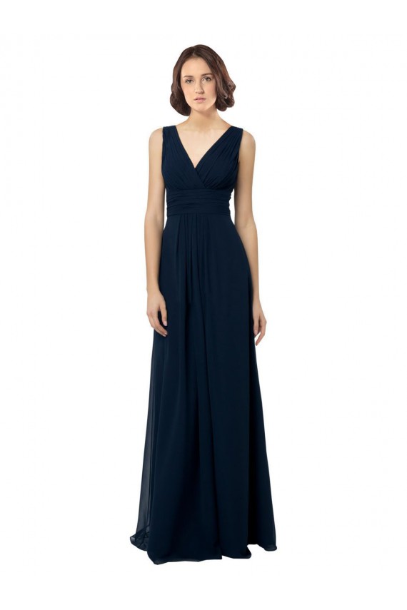 Bleu marine foncé Trapèze Col V Mousseline Longue Robes demoiselle d'honneur Outlet