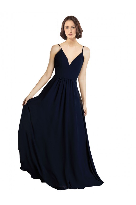 Bleu marine foncé Trapèze Col V Mousseline Longue Robes demoiselle d'honneur Outlet