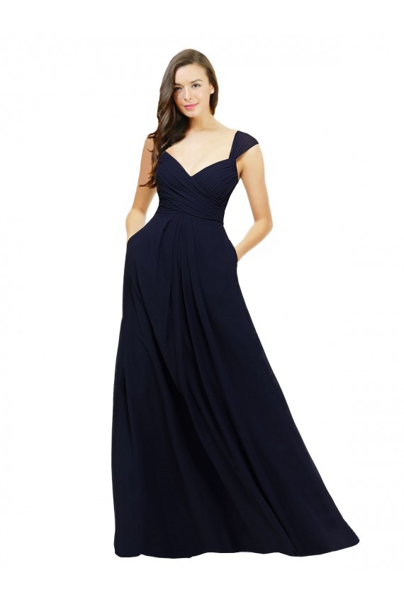 Bleu marine foncé Trapèze Col V Mousseline Longue Robes demoiselle d'honneur Outlet