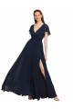 Bleu marine foncé Trapèze Col V Mousseline Longue Robes demoiselle d'honneur Outlet