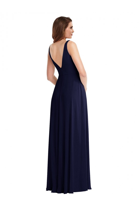 Bleu marine foncé Trapèze Col V Mousseline Longue Robes demoiselle d'honneur Outlet