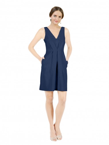 Bleu marine foncé Trapèze Col V Satiné Courte Robes demoiselle d'honneur / Robes de cocktail Outlet