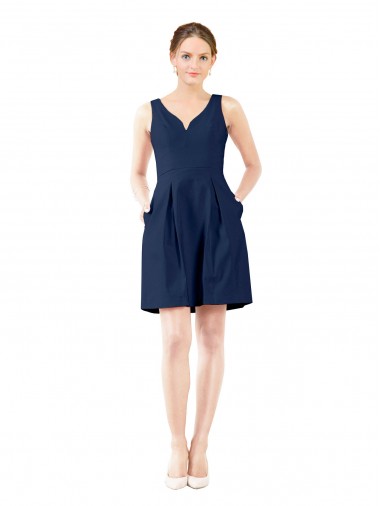 Bleu marine foncé Trapèze Col V Satiné Courte Robes demoiselle d'honneur / Robes de cocktail Pas Chre