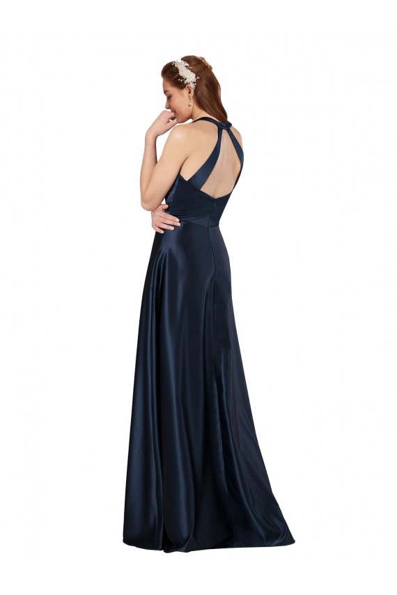 Bleu marine foncé Trapèze Col V Satiné Longue Formelles Robes demoiselle d'honneur / Robes de soirée / Robes de bal Outlet