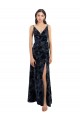 Bleu marine foncé Trapèze Col V Velours Floral Velours Stretch Longue Robes demoiselle d'honneur Outlet