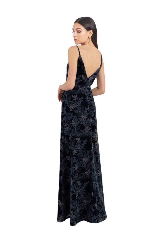 Bleu marine foncé Trapèze Col V Velours Floral Velours Stretch Longue Robes demoiselle d'honneur Outlet
