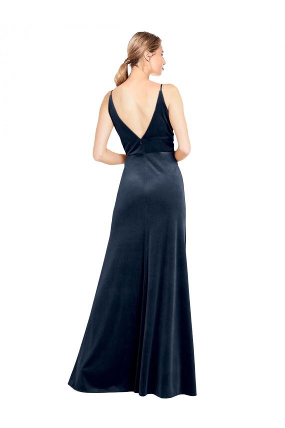 Bleu marine foncé Trapèze Col V Velours Stretch Longue Robes demoiselle d'honneur / Robes de bal Outlet
