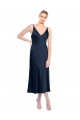 Bleu marine foncé Trapèze Col V midi Satiné Stretch Courte Robes demoiselle d'honneur / Robes de soirée / Robes de cocktail Outlet