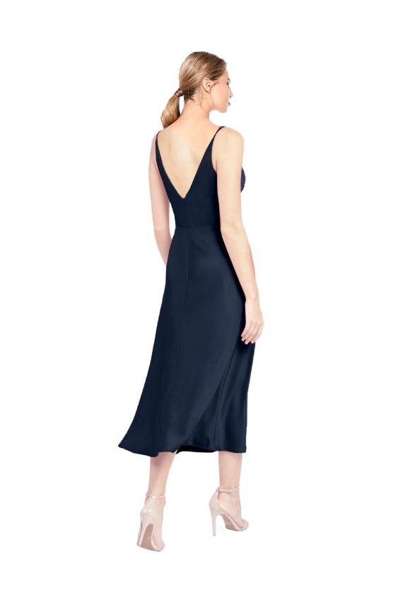 Bleu marine foncé Trapèze Col V midi Satiné Stretch Courte Robes demoiselle d'honneur / Robes de soirée / Robes de cocktail Outlet