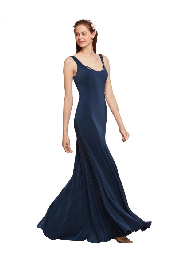 Bleu marine foncé Trapèze Col rond Crêpe Stretch Longue Formelles Robes demoiselle d'honneur / Robes de soirée / Robes de bal Outlet