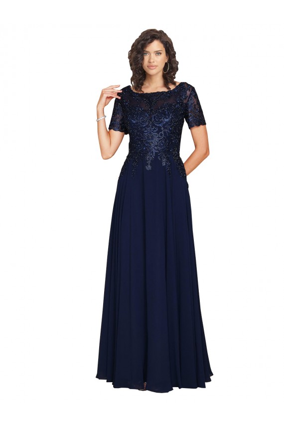 Bleu marine foncé Trapèze Col rond Mousseline Longue Robes demoiselle d'honneur / Robes de bal Outlet