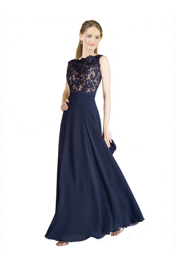 Bleu marine foncé Trapèze Illusion Mousseline Dentelle Longue Robes demoiselle d'honneur / Robes de bal Outlet