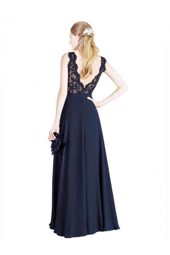 Bleu marine foncé Trapèze Illusion Mousseline Dentelle Longue Robes demoiselle d'honneur / Robes de bal Outlet