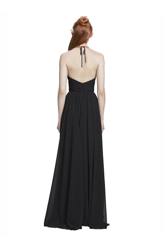 Bleu marine foncé Trapèze Licou Col V Mousseline Longue Robes demoiselle d'honneur Outlet