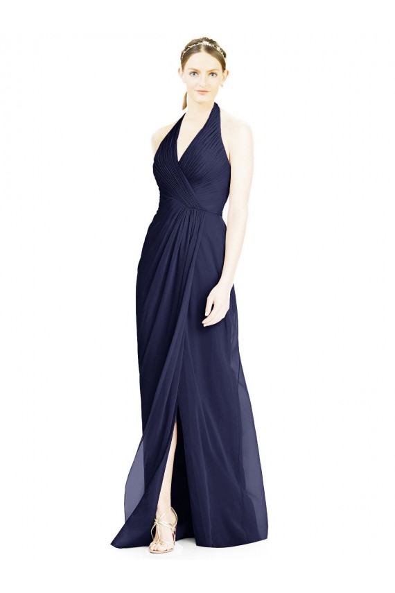 Bleu marine foncé Trapèze Licou Col V Mousseline Longue Robes demoiselle d'honneur Outlet