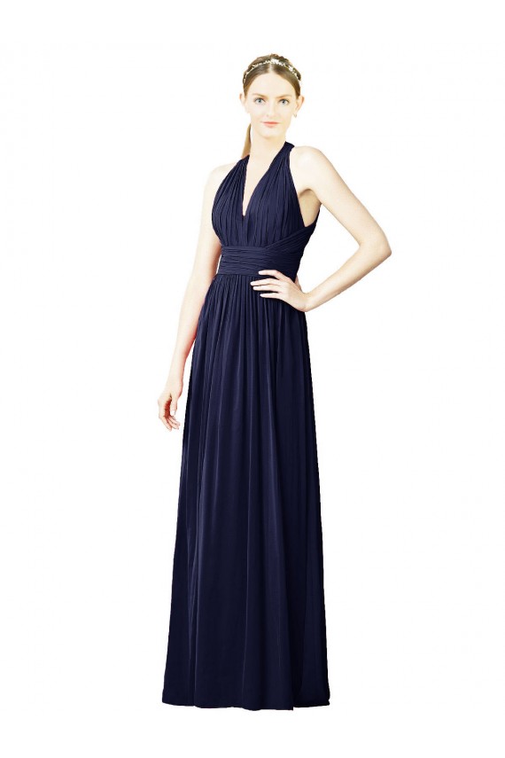 Bleu marine foncé Trapèze Licou Col V Mousseline Longue Robes demoiselle d'honneur Outlet