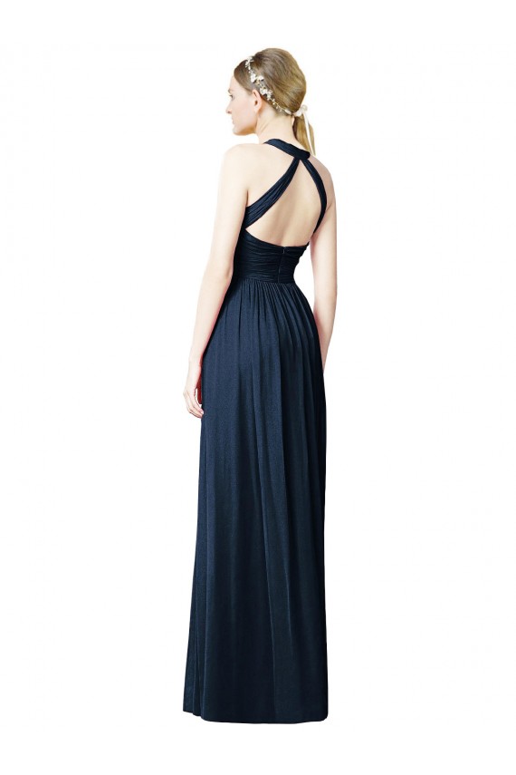 Bleu marine foncé Trapèze Licou Col V Mousseline Longue Robes demoiselle d'honneur Outlet