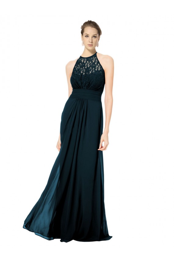 Bleu marine foncé Trapèze Licou Illusion Mousseline Dentelle Longue Robes demoiselle d'honneur Outlet