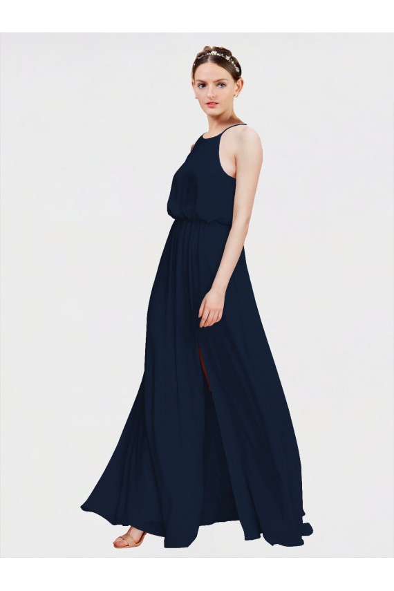 Bleu marine foncé Trapèze Licou Mousseline Longue Robes demoiselle d'honneur Outlet