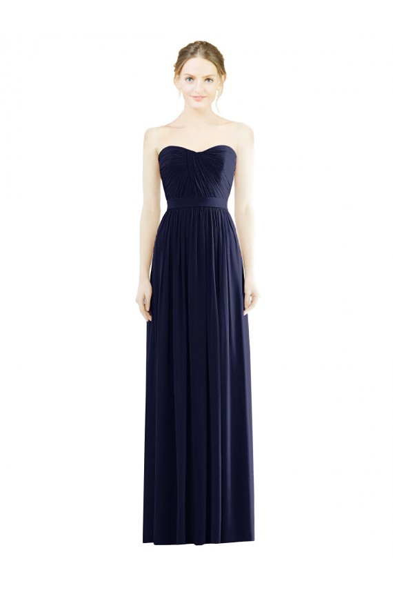 Bleu marine foncé Trapèze Sans bretelle Mousseline Longue Formelles Robes demoiselle d'honneur / Robes de soirée Outlet