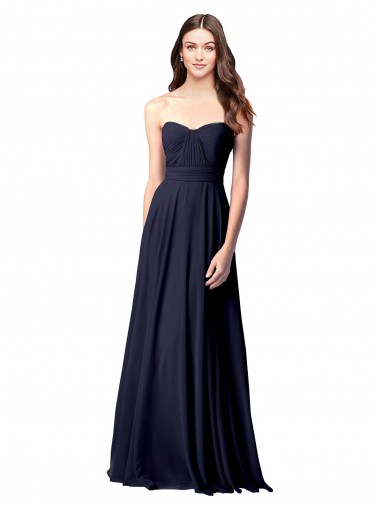 Bleu marine foncé Trapèze Sans bretelle Mousseline Longue Robes demoiselle d'honneur Pas Chre