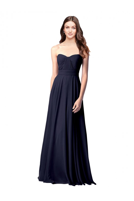 Bleu marine foncé Trapèze Sans bretelle Mousseline Longue Robes demoiselle d'honneur Outlet