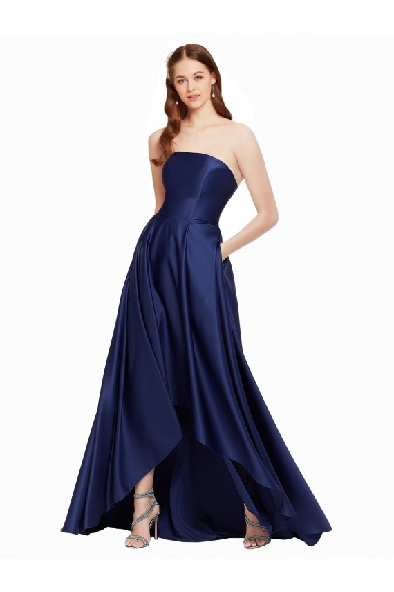 Bleu marine foncé Trapèze Sans bretelle Satiné Longue Asymétrique Formelles Robes demoiselle d'honneur / Robes de soirée / Robes de bal Outlet