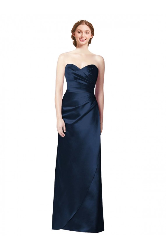 Bleu marine foncé Trapèze Sans bretelle Satiné Longue Robes demoiselle d'honneur Outlet