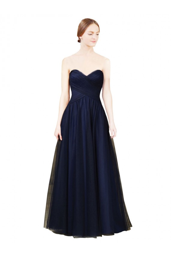 Bleu marine foncé Trapèze Sans bretelle Tulle Longue Robes demoiselle d'honneur Outlet