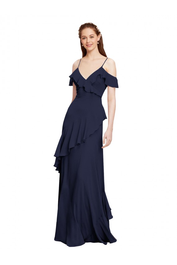 Bleu marine foncé Trapèze Épaule Dénudée Bretelles spaghetti Mousseline Longue Robes demoiselle d'honneur Outlet