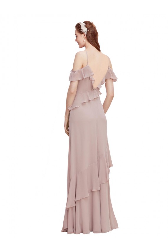 Bleu marine foncé Trapèze Épaule Dénudée Bretelles spaghetti Mousseline Longue Robes demoiselle d'honneur Outlet