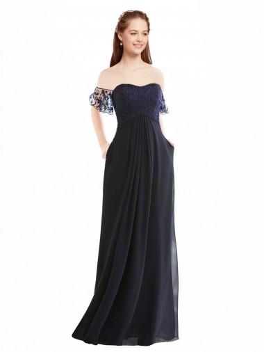 Bleu marine foncé Trapèze Épaule Dénudée Col V Mousseline Dentelle Longue Robes demoiselle d'honneur Outlet