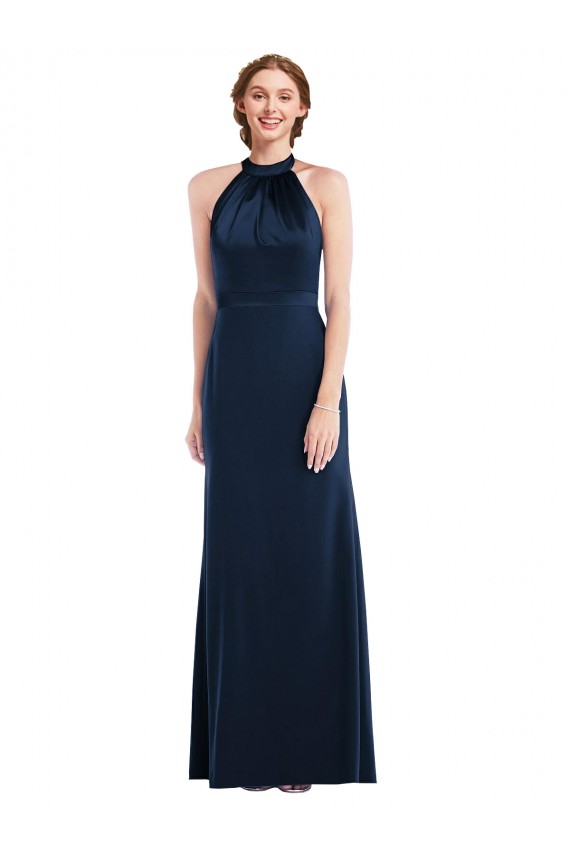 Bleu marine foncé Trompette Col Haut Crêpe Stretch Longue Robes demoiselle d'honneur / Robes de bal Outlet