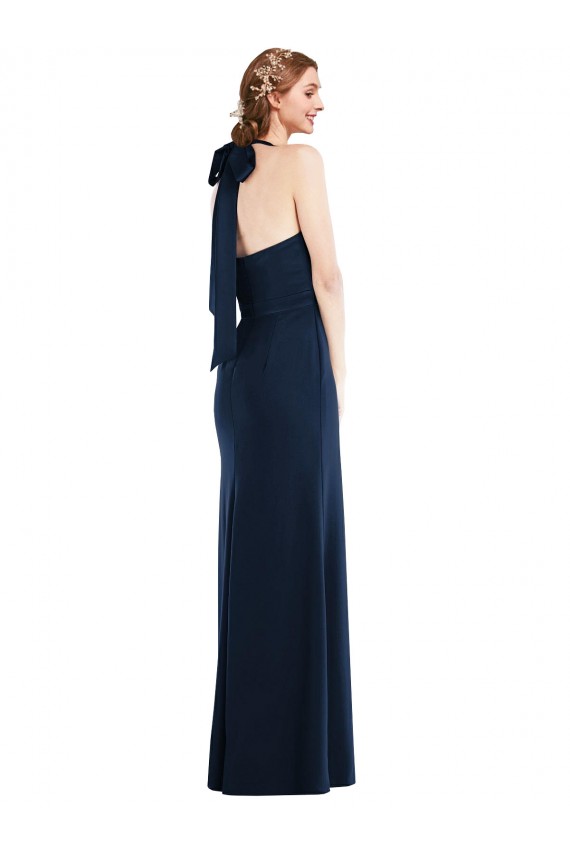 Bleu marine foncé Trompette Col Haut Crêpe Stretch Longue Robes demoiselle d'honneur / Robes de bal Outlet
