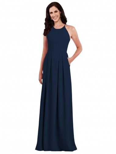 Bleu marine foncé Trompette Licou Crêpe Stretch Longue Robes demoiselle d'honneur Pas Chre