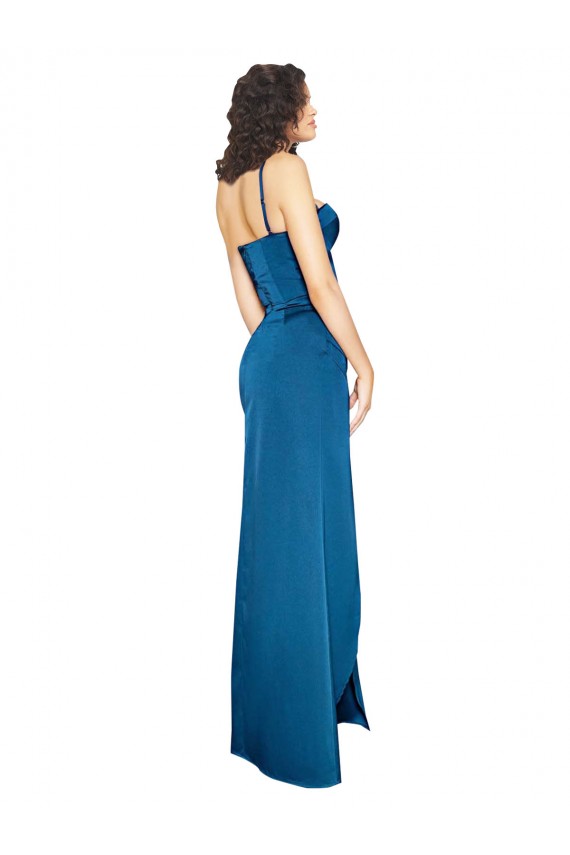 Bleu paon Fourreau Bretelles spaghetti Satiné Soyeux Longue Formelles Robes demoiselle d'honneur / Robes de soirée / Robes de bal Outlet
