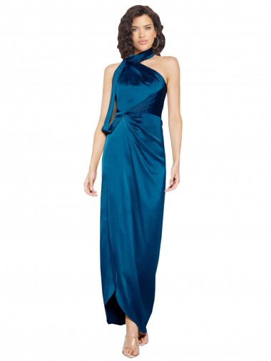 Bleu paon Fourreau Licou Col Haut Satiné Soyeux Longue Formelles Robes demoiselle d'honneur / Robes de soirée / Robes de bal Pas Chre