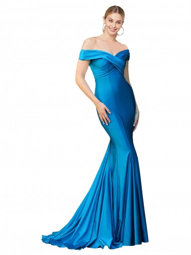 Bleu paon Sirène Épaule Dénudée Satiné Longue Formelles Robes demoiselle d'honneur / Robes de soirée / Robes de bal Pas Chre