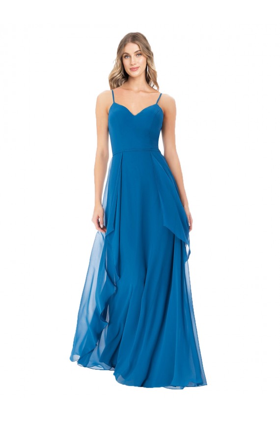 Bleu paon Trapèze Bretelles spaghetti Mousseline Longue Robes demoiselle d'honneur Outlet