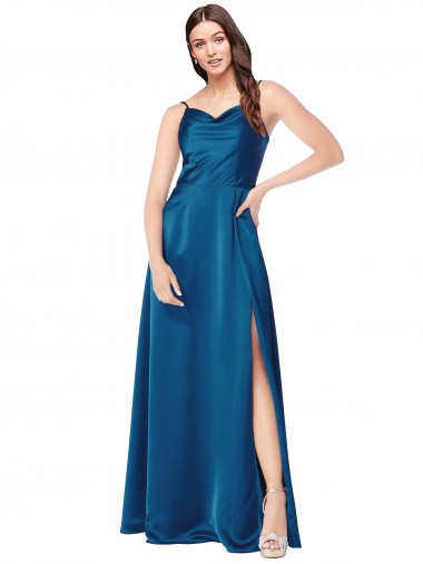 Bleu paon Trapèze Bretelles spaghetti Satiné Soyeux Longue Formelles Robes demoiselle d'honneur / Robes de soirée / Robes de bal Pas Chre
