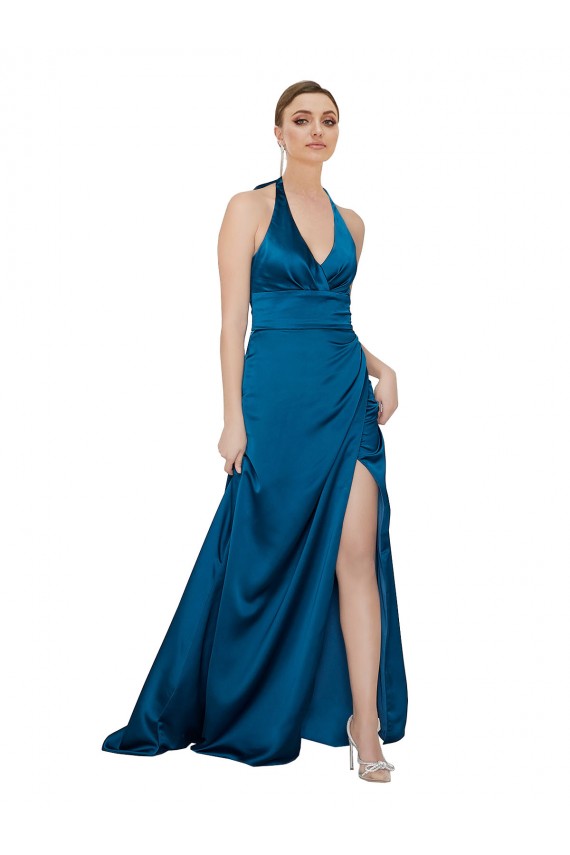 Bleu paon Trapèze Licou Satiné Soyeux Longue Formelles Robes demoiselle d'honneur / Robes de soirée / Robes de bal Outlet