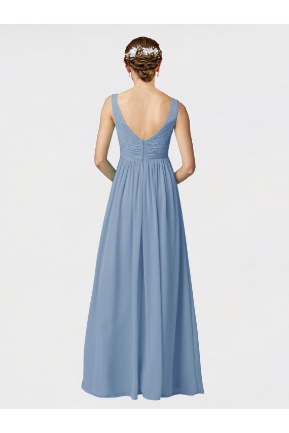 Bleu poussiéreux Trapèze Bretelles spaghetti Mousseline Longue Robes demoiselle d'honneur Outlet