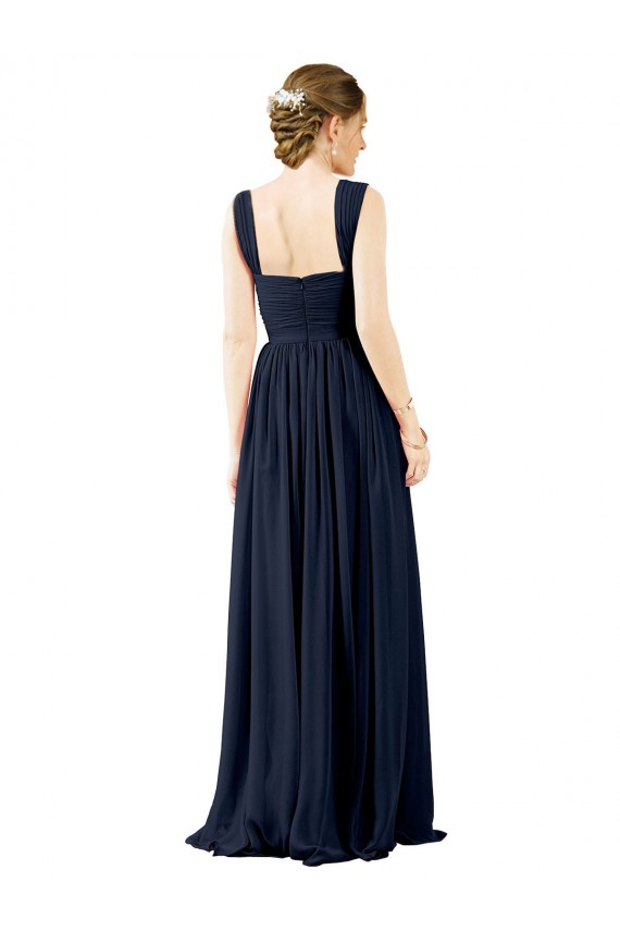 Bleu poussiéreux Trapèze Col Carré Mousseline Longue Robes demoiselle d'honneur Outlet