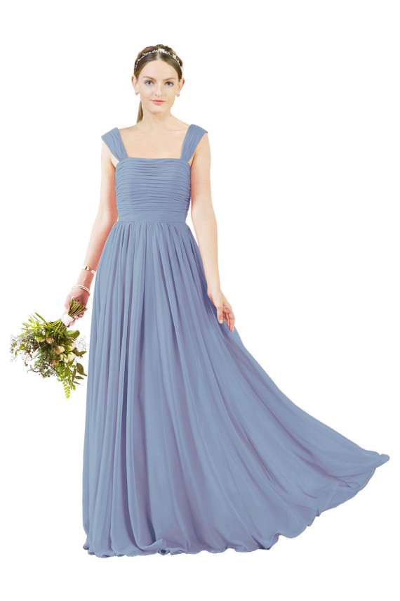 Bleu poussiéreux Trapèze Col Carré Mousseline Longue Robes demoiselle d'honneur Outlet