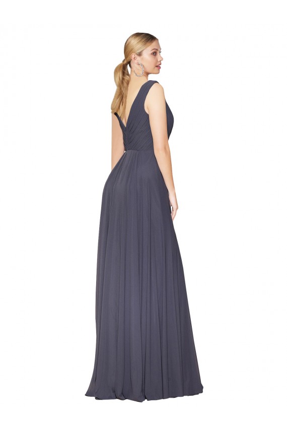 Bleu poussiéreux Trapèze Col V Mousseline Longue Formelles Robes demoiselle d'honneur / Robes de soirée / Robes de bal Outlet