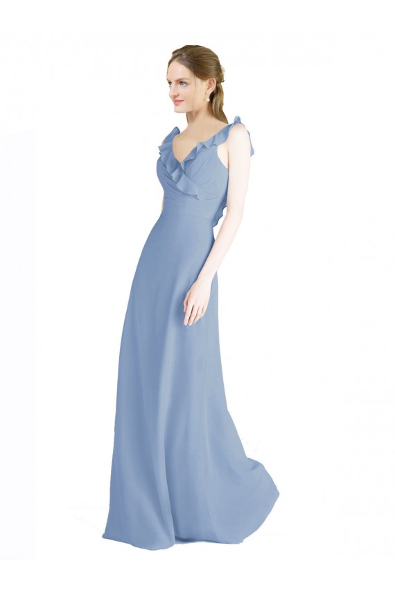 Bleu poussiéreux Trapèze Col V Mousseline Longue Robes demoiselle d'honneur Outlet