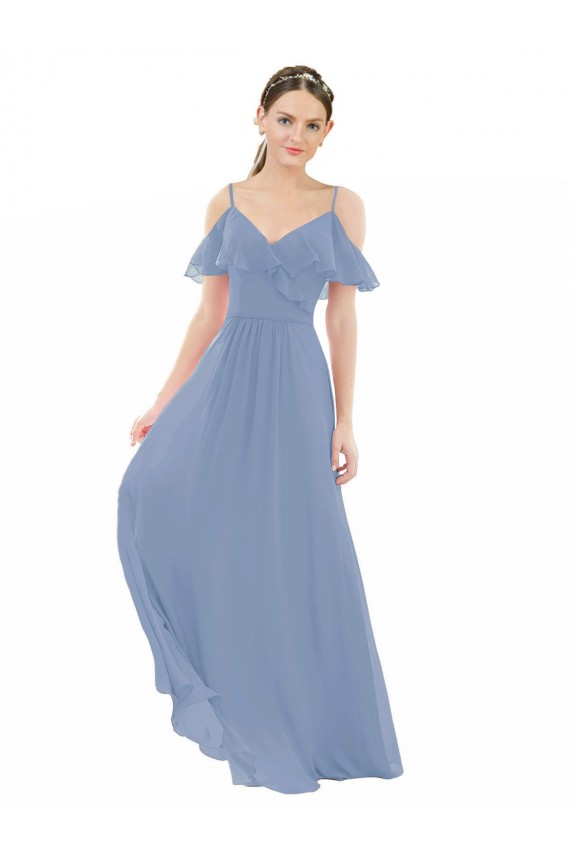 Bleu poussiéreux Trapèze Col V Mousseline Longue Robes demoiselle d'honneur Outlet