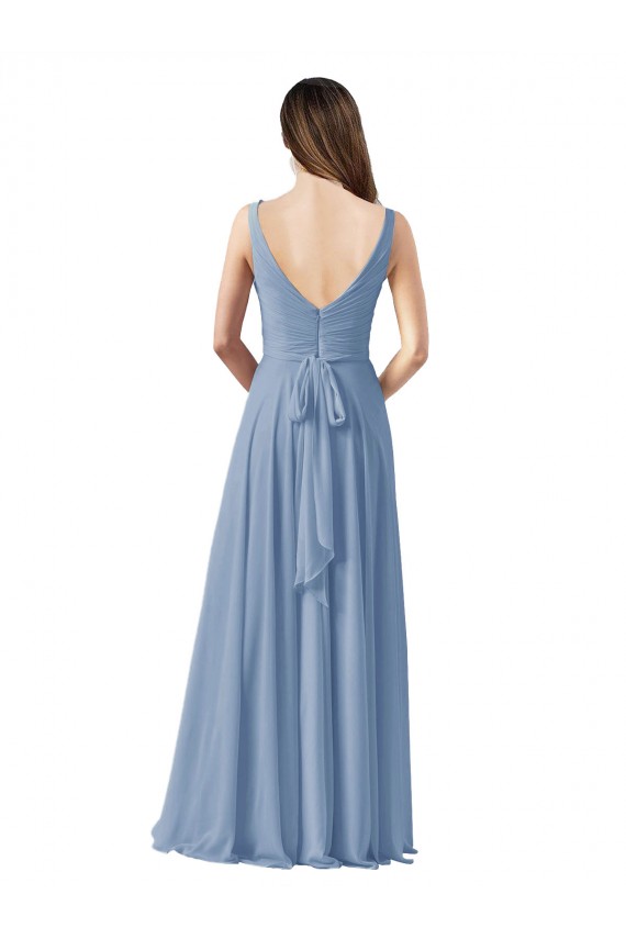 Bleu poussiéreux Trapèze Col V Mousseline Longue Robes demoiselle d'honneur Outlet