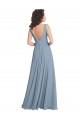 Bleu poussiéreux Trapèze Col V Mousseline Longue Robes demoiselle d'honneur Outlet