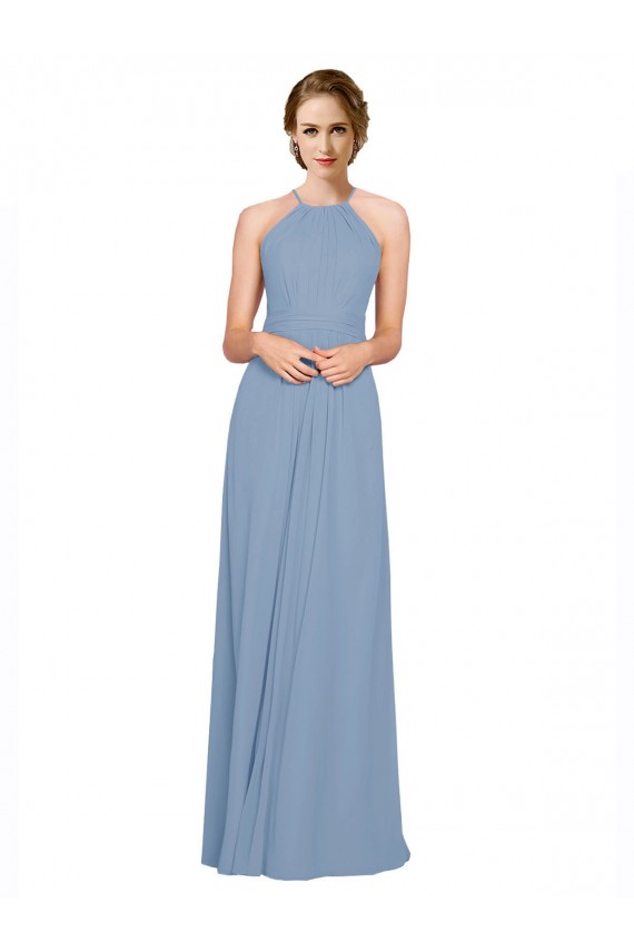 Bleu poussiéreux Trapèze Licou Col Haut Mousseline Longue Robes demoiselle d'honneur Outlet